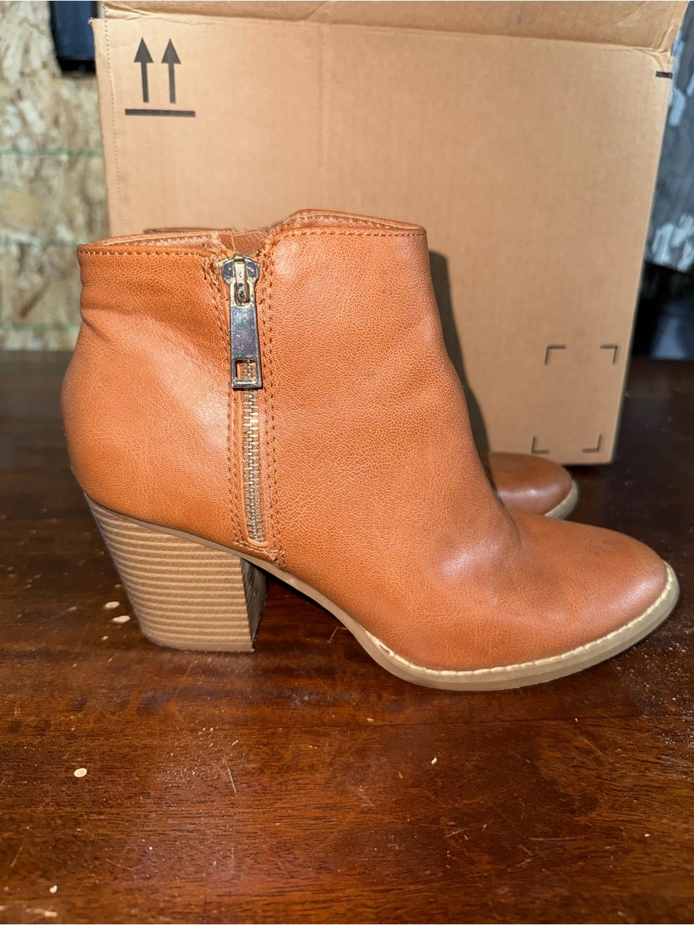 Express Cognac Tan Leather-Look Ankle Booties with Side Zip